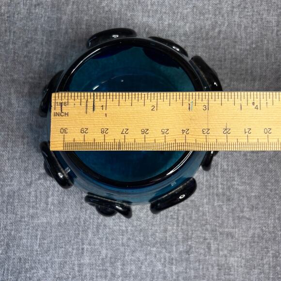 Hand Blown Sapphire Blue Mexican Art Glass Votive Bowl with Glass Medallions - Picture 3 of 5